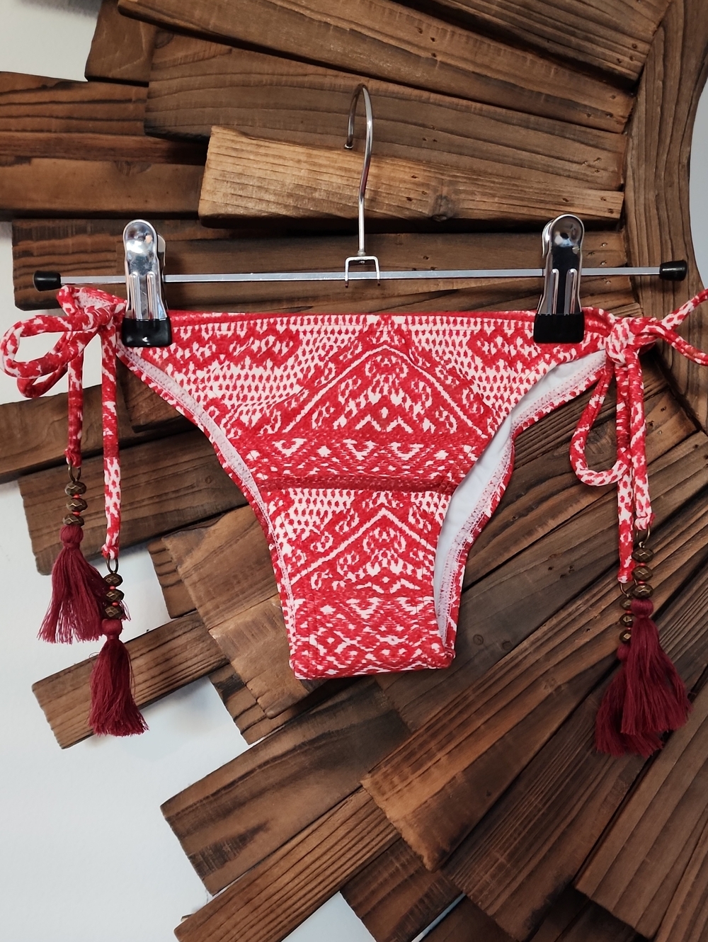 NEW! SOFIA by ViX Red Patterned Swim Bikini Bottoms with Tassels